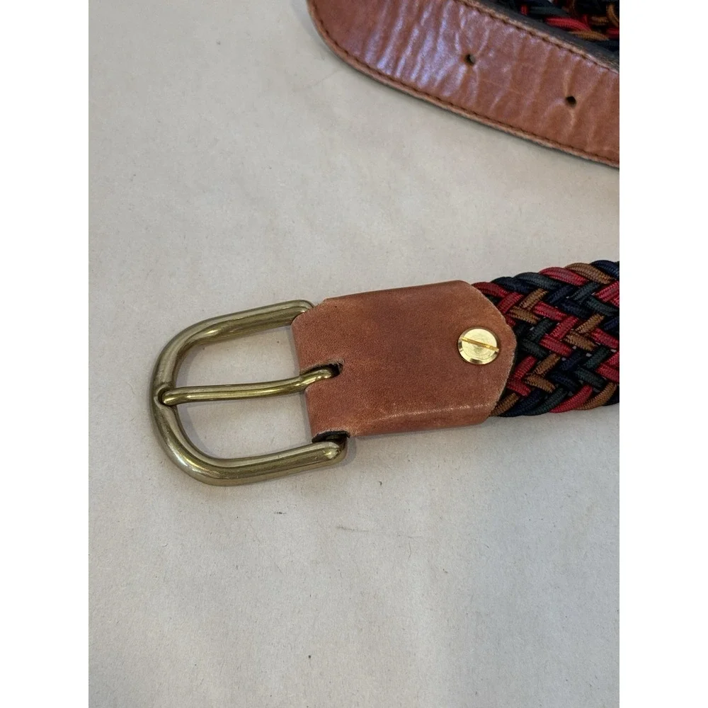 Vintage Authentic Italian Belt Italy Elastic Woven Gold Buckle Brown Leather 44